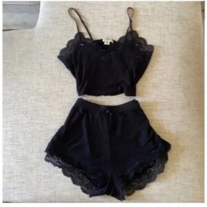 🪞 SET ribbed lace trim lounge bra top and pajama shorts matching set